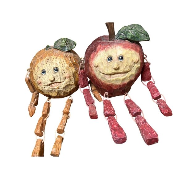Handcrafted  Orange and Apple Shelf Sitter Lot Anthropomorphic Fruit - Picture 1 of 15